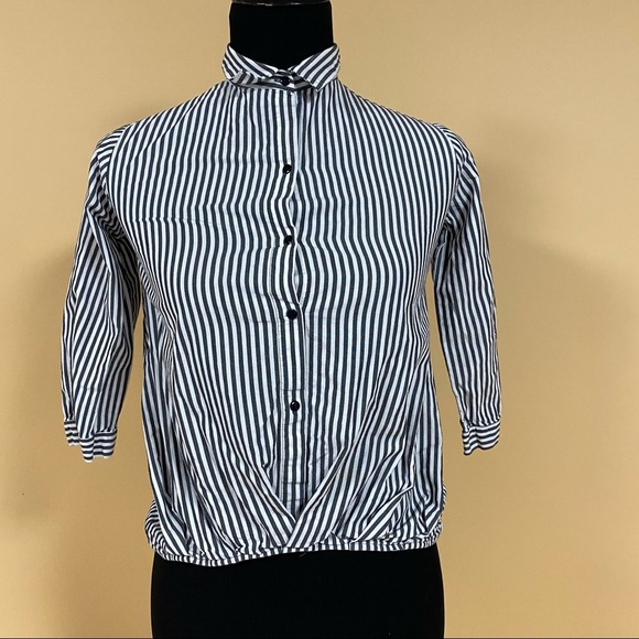 5/$20 Zara Join Life Gray White Striped Button Up Blouse Top Size 7 - Picture 1 of 9